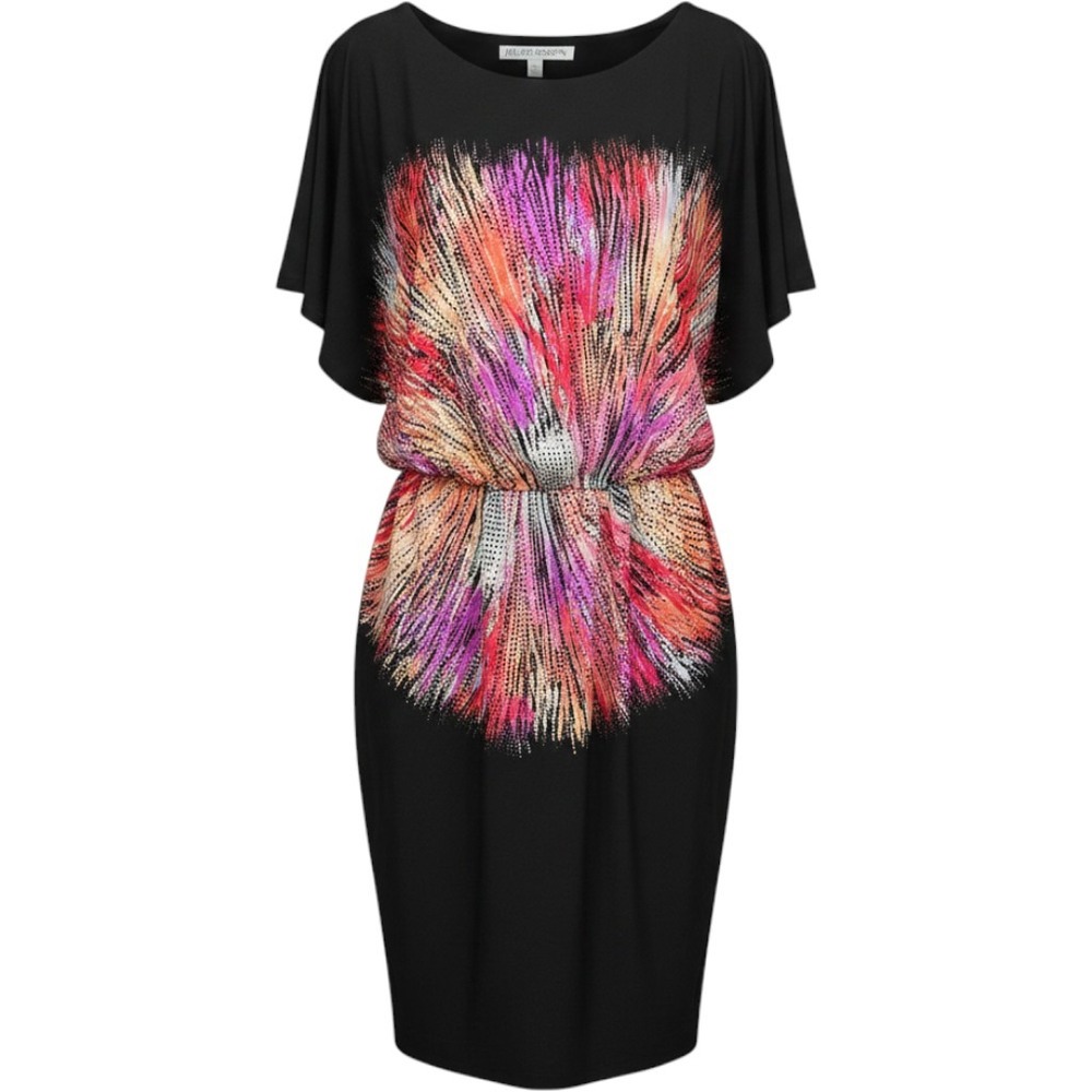 Maggy London Sheath Dress Womens 10 Black Pink‎ Abstract Sunburst Batwing Sleeve